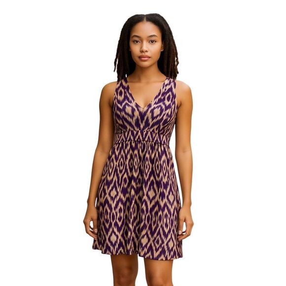 Ann Taylor LOFT Sun Dress Size XS Purple Tan White Ikat Print Sleeveless Womens - Picture 1 of 7